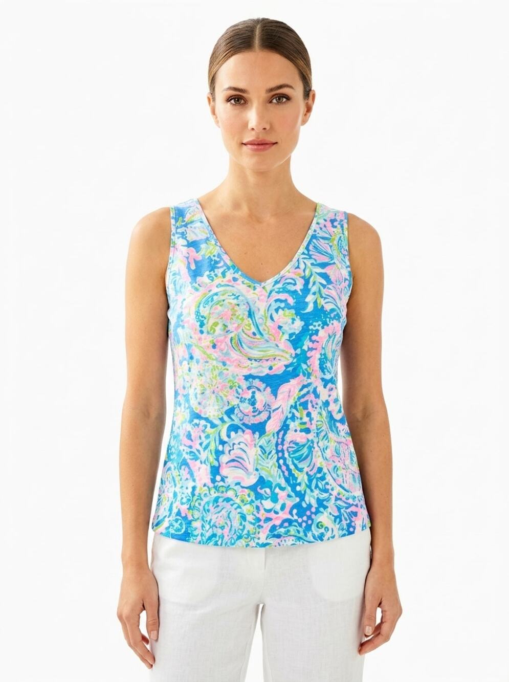 Lilly Pulitzer Tank Top Women's S Pink Blue Paisley Print Wide Strap Colorful
